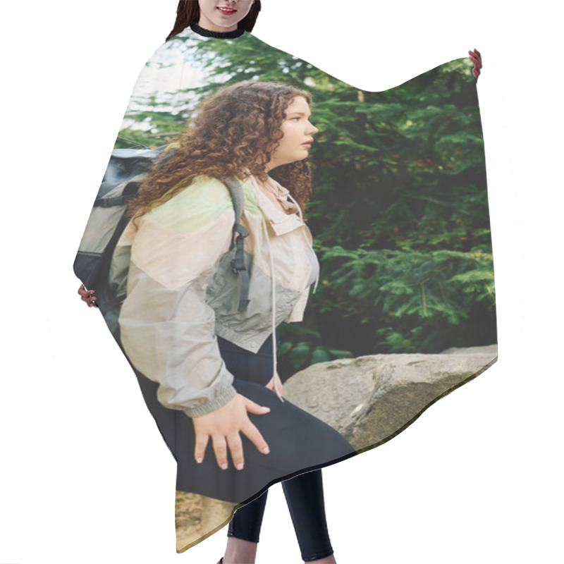 Personality  A Confident Plus Size Woman Explores The Rich Beauty Of Nature In A Lush Green Environment. Hair Cutting Cape