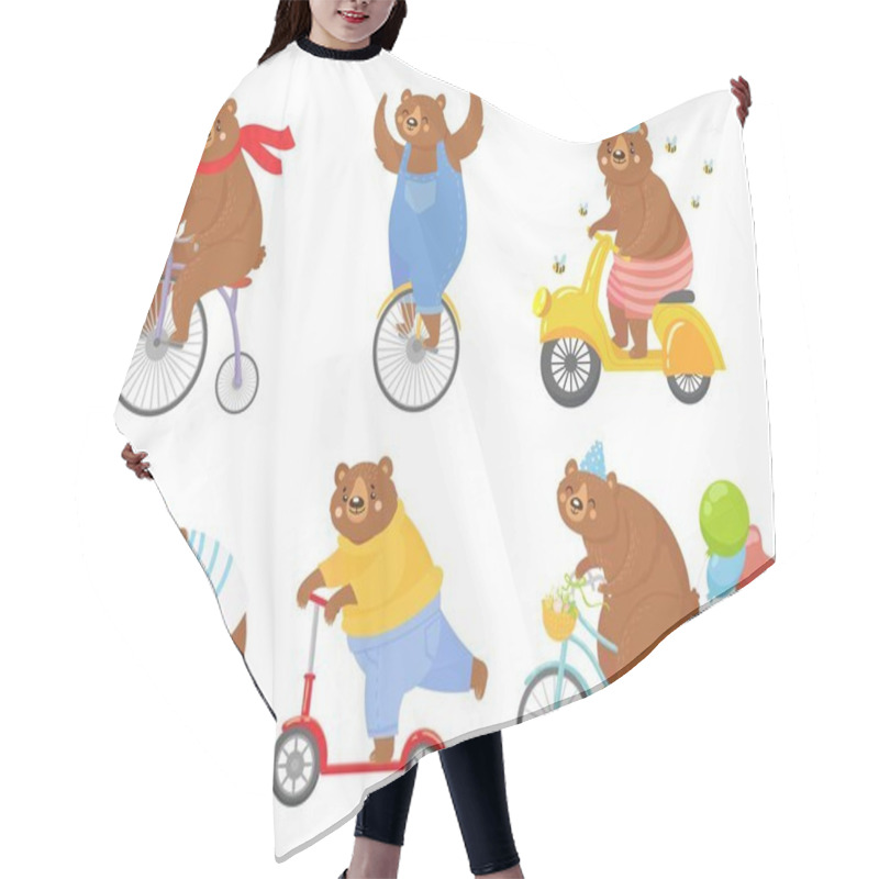 Personality  Cartoon Biked Bear. Bears On Children Tricycle, Unicycle And Retro Bicycle. Animal Riding Bike, Bicycles And Scooter Vector Illustration Set Hair Cutting Cape