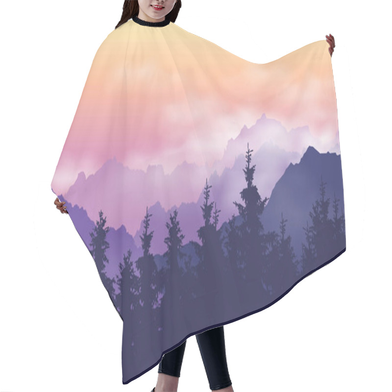 Personality  Mountain Landscape With Forest, Clouds And Fog Between Hills, Under Purple Yellow Sky With Dawn - Vector Hair Cutting Cape