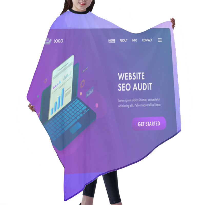 Personality  Website SEO Audit With Online Search Engine Analysis And Analytics Report. Laptop With Graphic And Audit Documentation. UI Isometric Vector Web Page Template For Landing Page, Banner Or Hero Images Hair Cutting Cape