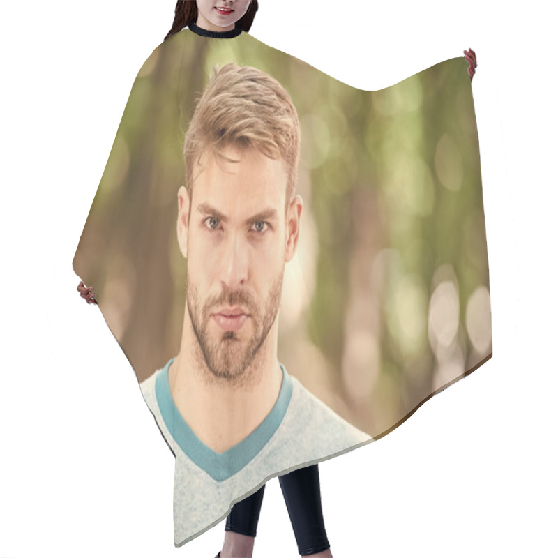 Personality  Charming Confidence. Blond Man. Man With Unshaved Mustache And Beard Hair With Stylish Haircut. Handsome Man In Casual Tshirt On Blurred Natural Background. Caucasian Man On Summer Day Hair Cutting Cape