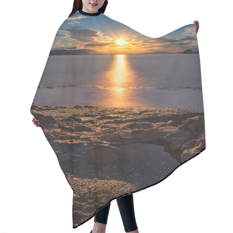 Personality  Golden Sunset Over The Malaga Coast, With Sunlight Reflecting On Calm Waters And Rocky Shore In The Foreground, Creating A Serene And Picturesque Scene. Hair Cutting Cape