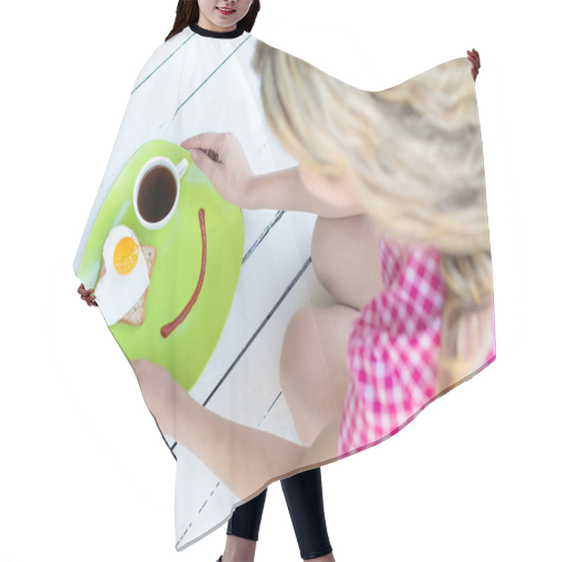 Personality  Woman Holding Plate With Breakfast Hair Cutting Cape