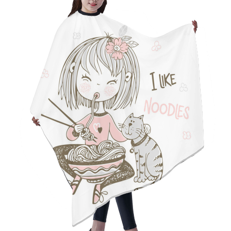 Personality  Cute Little Girl Eating Chopsticks Noodles. Vector. Hair Cutting Cape