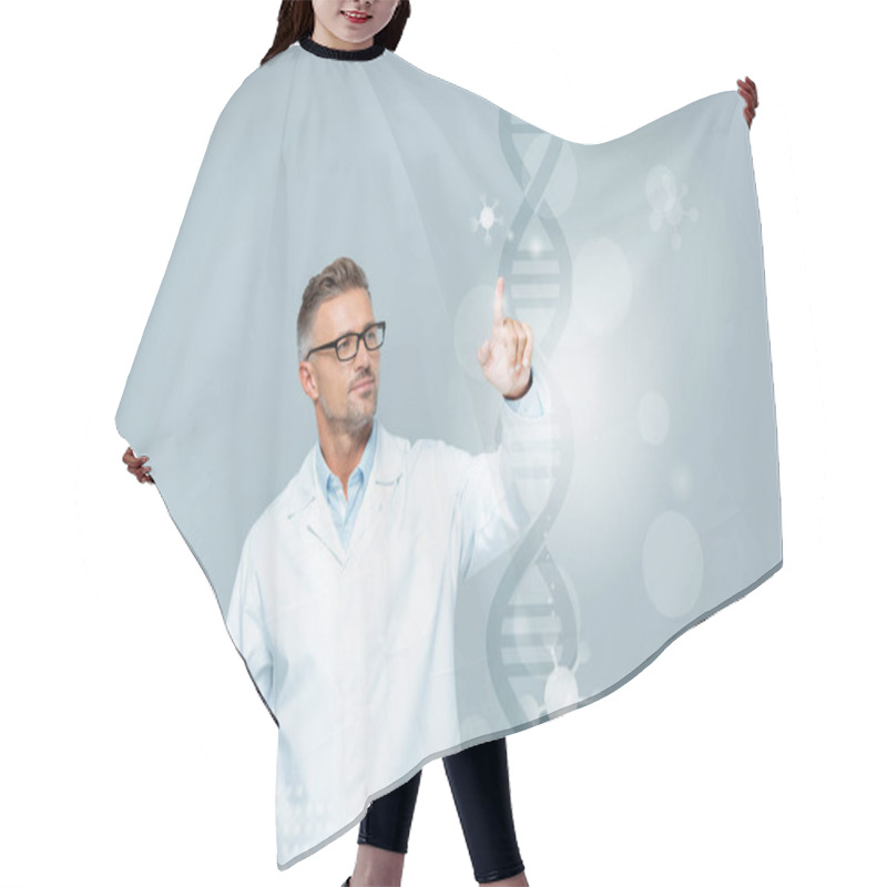 Personality  Handsome Scientist In White Coat Touching Dna Interface In Air Isolated On White, Artificial Intelligence Concept Hair Cutting Cape