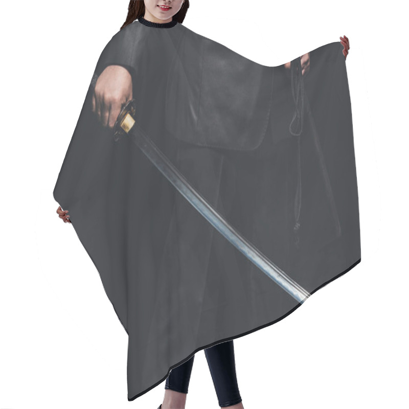 Personality  Cropped Shot Of Man With Katana Sword On Black Background Hair Cutting Cape