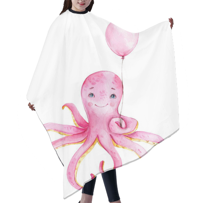 Personality  Cute Cartoon Octopus With Pink Balloon; Can Be Used For Baby Shower And Cards; Watercolor Hand Draw Illustration; With White Isolated Background Hair Cutting Cape