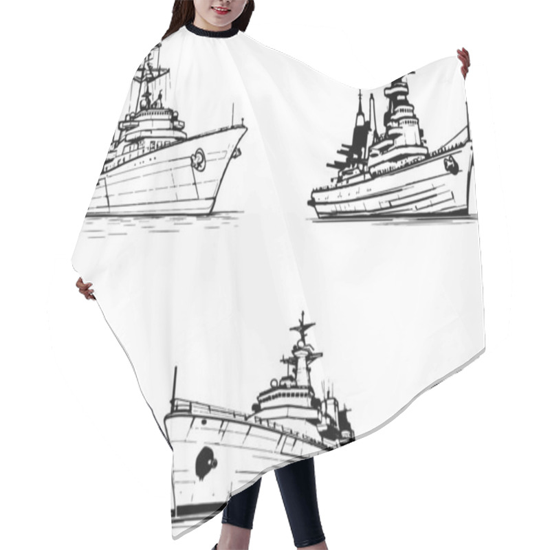 Personality  These Detailed Black And White Sketches Display A Variety Of Warships And Vessels, Showcasing The Grandeur Of Maritime Engineering. Hair Cutting Cape