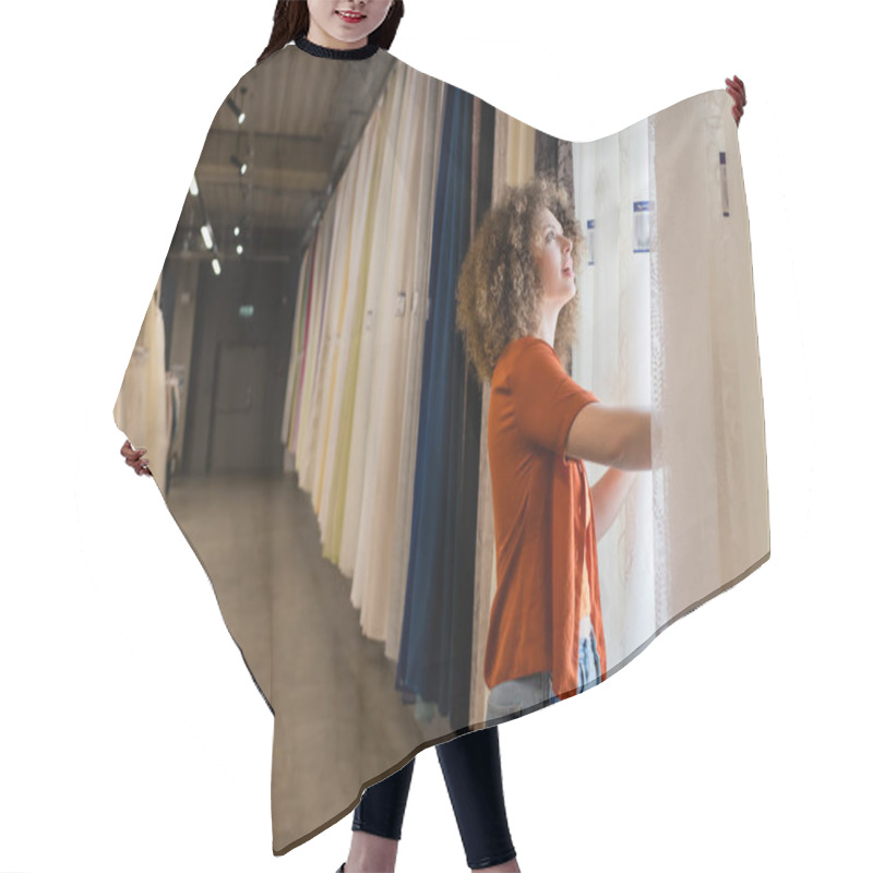 Personality  Young Amazed Woman Choosing Looking At Different Curtains In Textile Shop Hair Cutting Cape