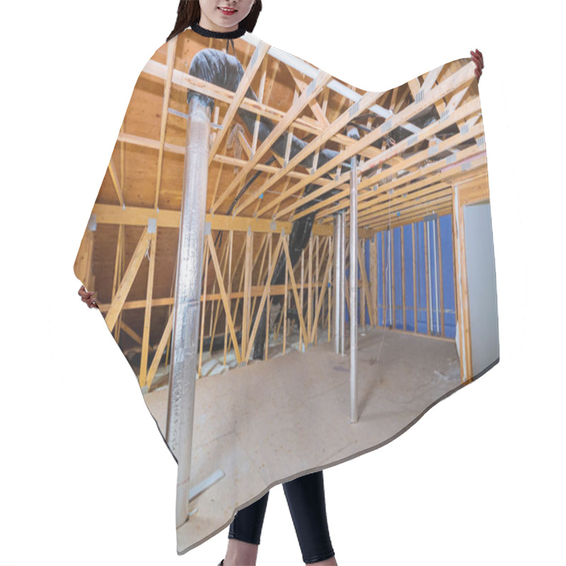 Personality  Frame House Roof Of Pipe Heating System, House Attic Under Construction Frame Wooden Beams Hair Cutting Cape