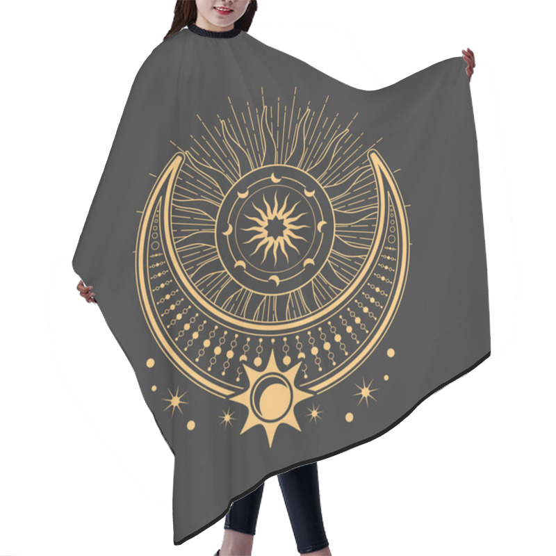 Personality  Crescent And Moon Esoteric Occult Symbols, Magic Tarot Sign. Occultism, Alchemy And Astrology Sacred Religion Mystic Emblem. Vector Wiccan Amulet With Sun, Stars And Moon With Radiant Rays Hair Cutting Cape