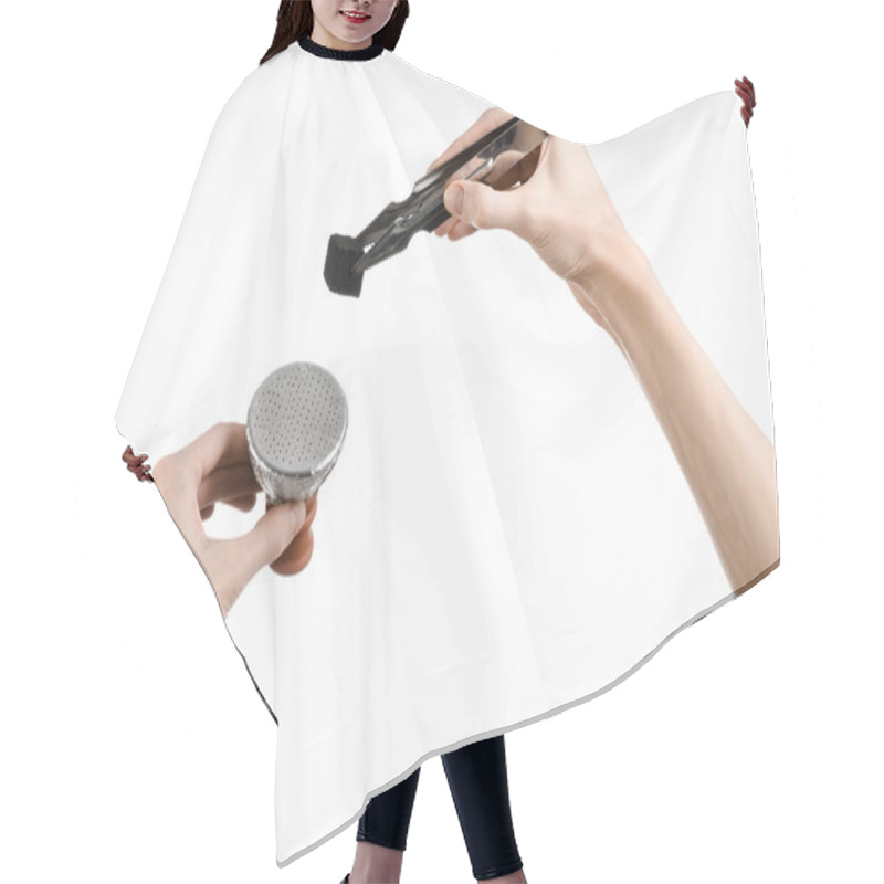 Personality  Hookah Topic: Bartender Holding A Forceps With Coal For Hookah And Puts Them Into A Clay Bowl Isolated On White Background Hair Cutting Cape