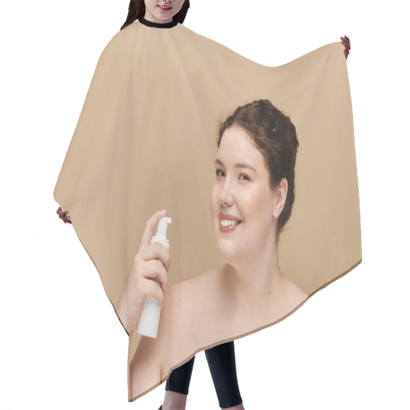 Personality  A Cheerful Plus Size Woman Is Applying A Skincare Product, Radiating Confidence And Beauty. Hair Cutting Cape