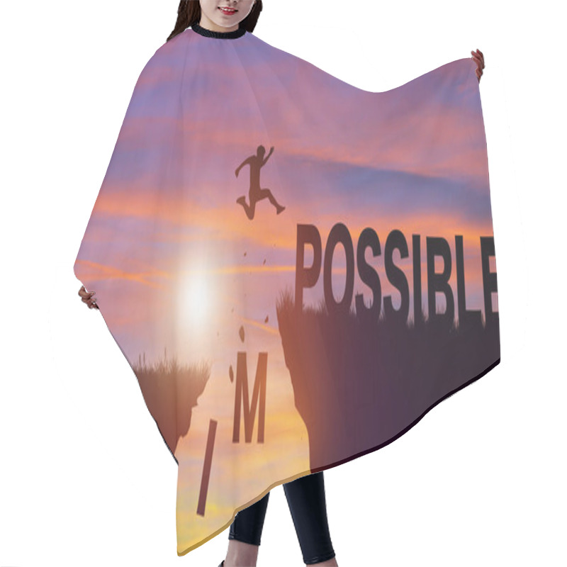 Personality  Silhouette Man Jumping Over Impossible And Possible Wording On Cliffs With Cloud Sky And Sunrise. Never Give Up, Success Challenge, And Positive Mindset Concept. Hair Cutting Cape