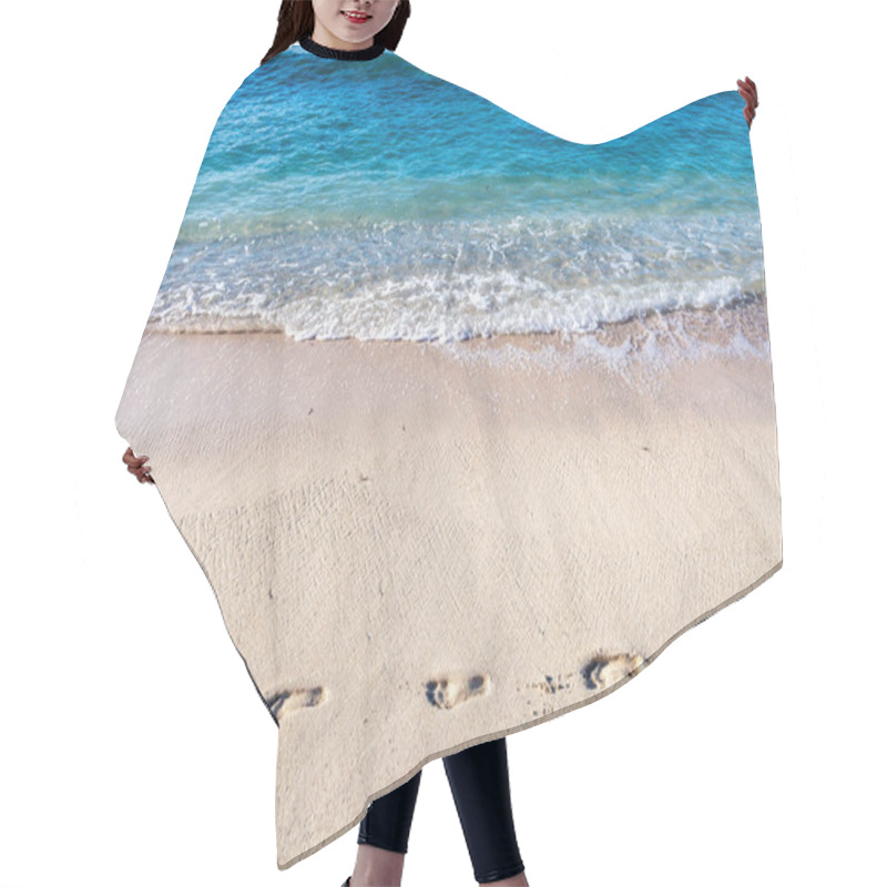 Personality  Footprints On A Sandy Caribbean  Beach, With The Sea Behind, On A Sunny Morning Hair Cutting Cape