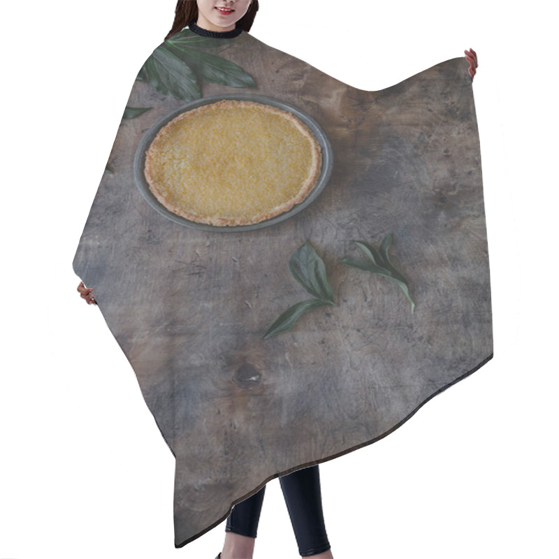 Personality  Top View Of Tasty Lemon Pie And Leaves On Wooden Table Hair Cutting Cape