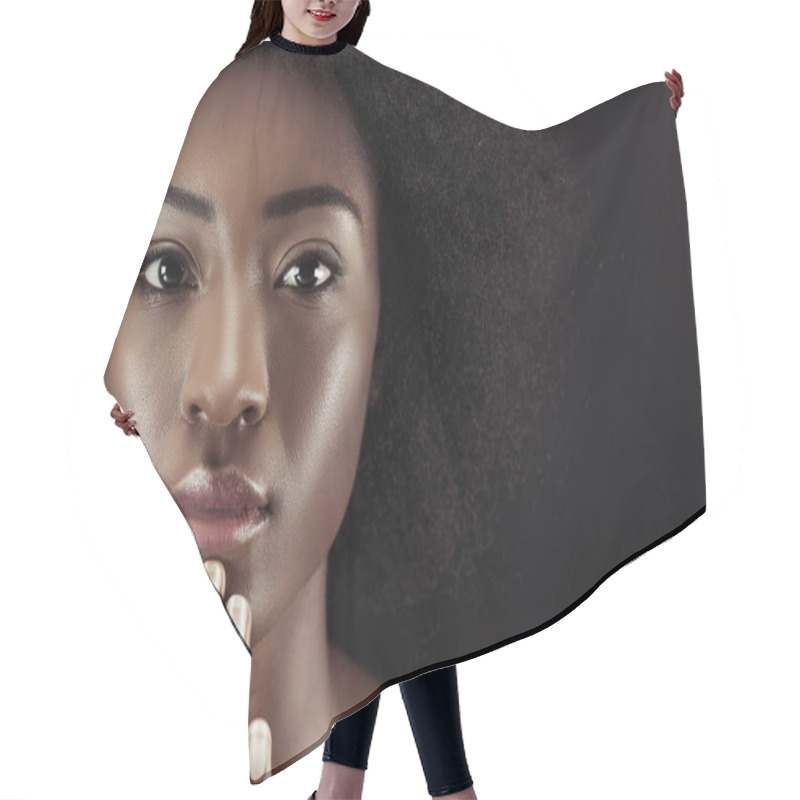 Personality  Close-up Portrait Of Attractive African American Woman Isolated On Black Hair Cutting Cape