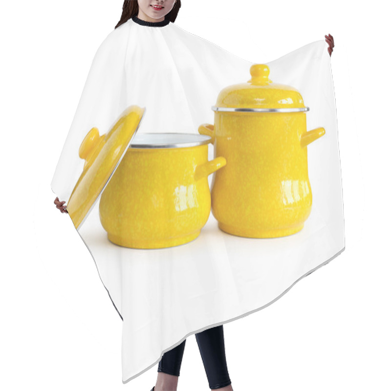 Personality  Two Saucepans On White Hair Cutting Cape