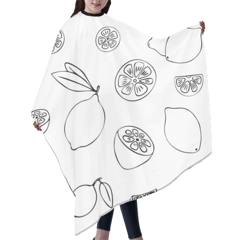 Personality  Lemon Fruit Doodle Set. Half, Whole, Slices, Leaves. Black Hand-drawn Contour Isolated On A White Background. Suitable For Menus, Coloring Pages Books, Web Design, Prints, Cups, Mugs, Kitchen Design Hair Cutting Cape