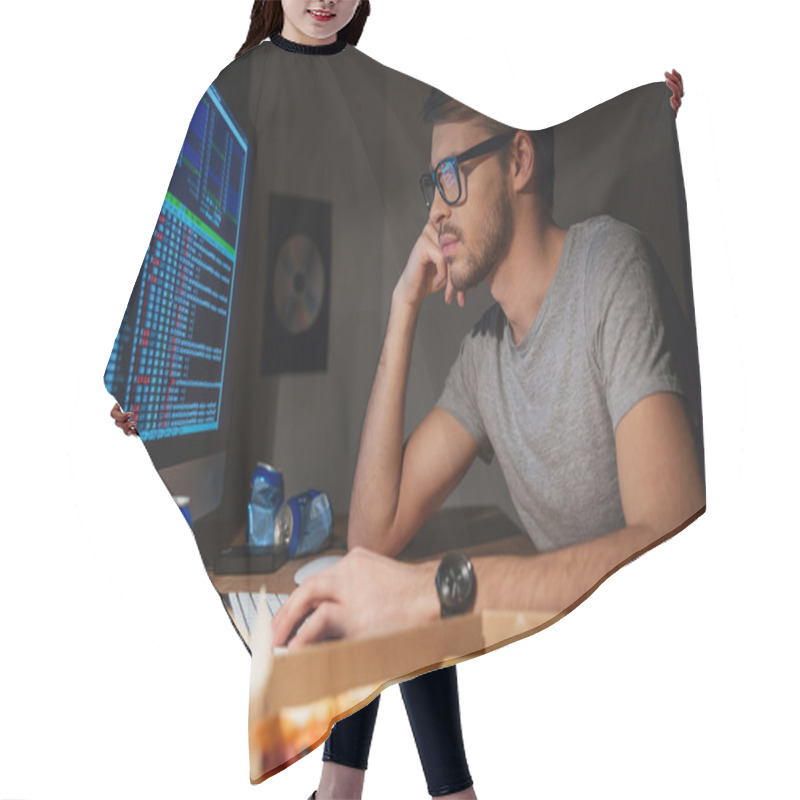 Personality  Pensive Young Developer In Glasses Coding At Home Hair Cutting Cape