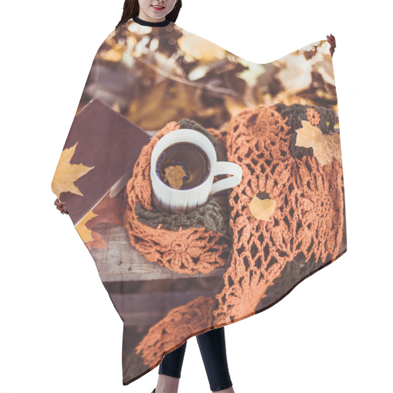 Personality  Hot Coffee And Red Book With Autumn Leaves On Wood Background Hair Cutting Cape