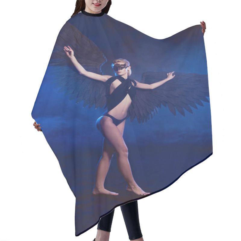 Personality  Beautiful Sexy Woman With Lace Mask And Black Angel Wings Posing On Dark Blue Smoky Background Hair Cutting Cape