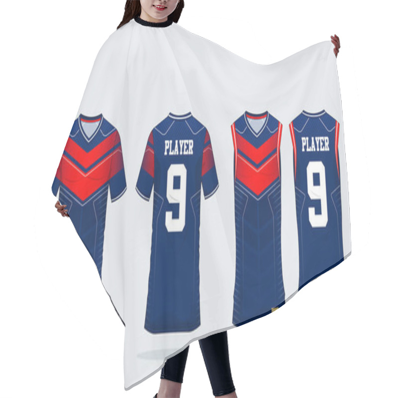 Personality  Blue-Red T-shirt Sport Design Template For Soccer Jersey, Football Kit And Tank Top For Basketball Jersey. Sport Uniform In Front And Back View. Tshirt Mock Up For Sport Club. Vector. Hair Cutting Cape