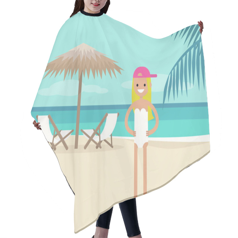 Personality  Young Character On Vacation. Beach Landscape. Two Chaise Lounges Under The Palm Tree Umbrella. Background. Paradise. Flat Editable Vector Illustration, Clip Art Hair Cutting Cape