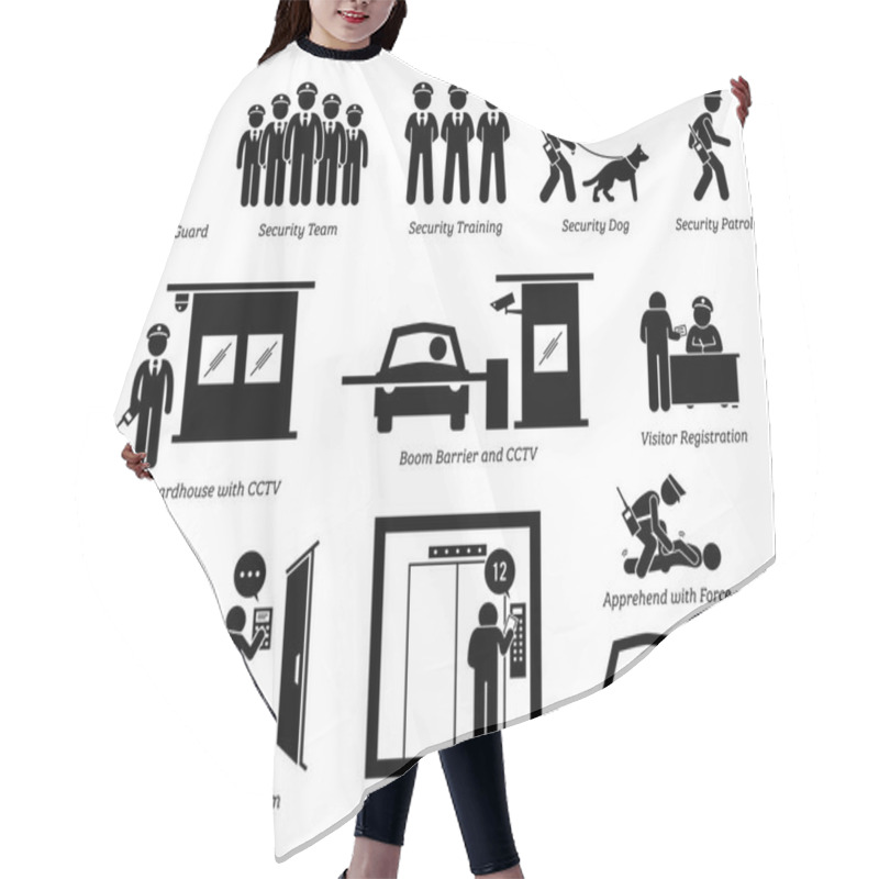 Personality  Security Guards Icons. Stick Figures Depict Security Guard, Team, Training, Dog, Patrolling, Guardhouse, Boom Barrier Gate, CCTV, Visitor Registration, Car Clamping, And Security Access Card. Hair Cutting Cape