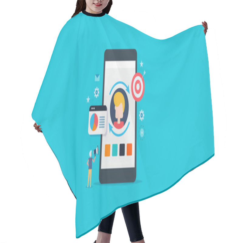 Personality  Customer Retargeting Campaign, Digital Advertising, Re-marketing On Mobile Device Concept. Flat Design Vector Banner. Hair Cutting Cape