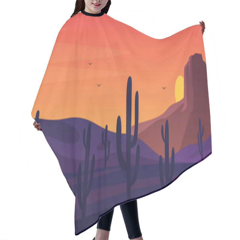 Personality  Texas Or Mexican Desert Panorama Landscape. American Traditional Nature Background. Vector Prairie Landscape With Sun And Cactuses. Retro Arizona Western Day Sunset For Print, Poster Or Wall Picture. Hair Cutting Cape