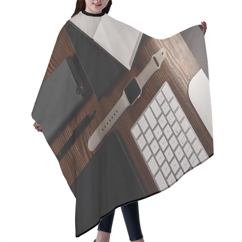 Personality  Top View Of Designer Workplace With Various Gadgets On Wooden Table Hair Cutting Cape