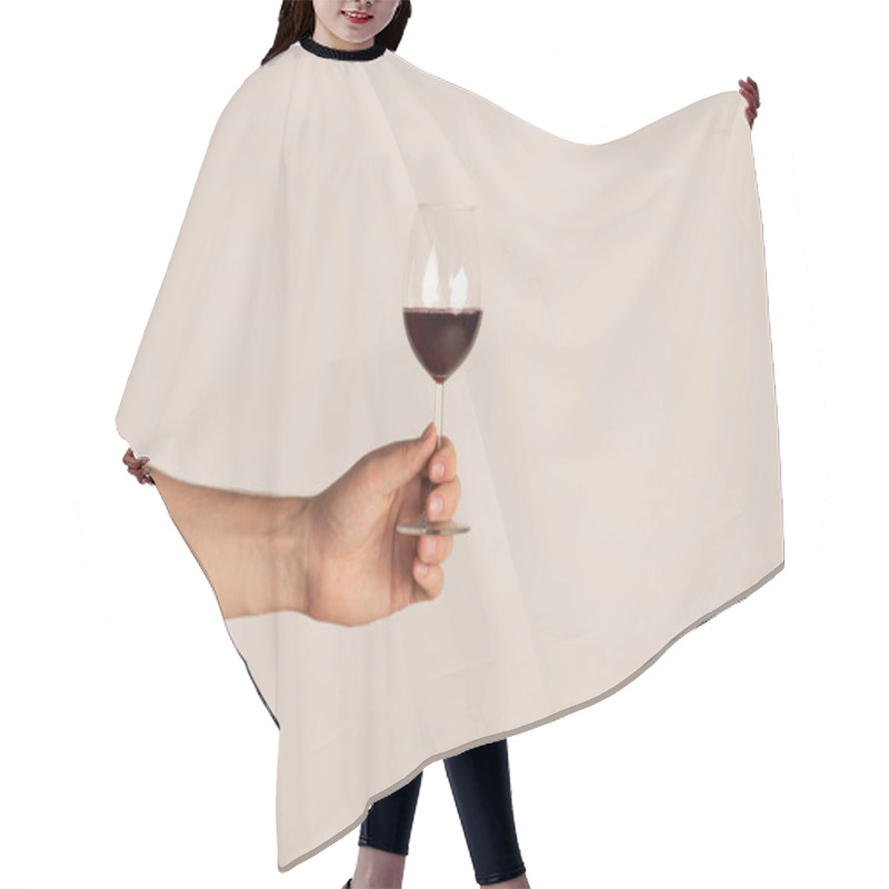 Personality  Male Hand Holding Glass Of Red Wine On Light Background, Closeup With Copy Space Hair Cutting Cape