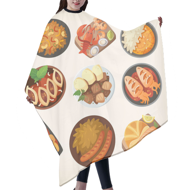 Personality  Dinner Table Closeup. Top View On Classic Dinner Dishes From Different Countries Of The World. Food From National Cuisines On A Table. View From Above. Isolated Vector Illustrations. Part 3/3 Hair Cutting Cape