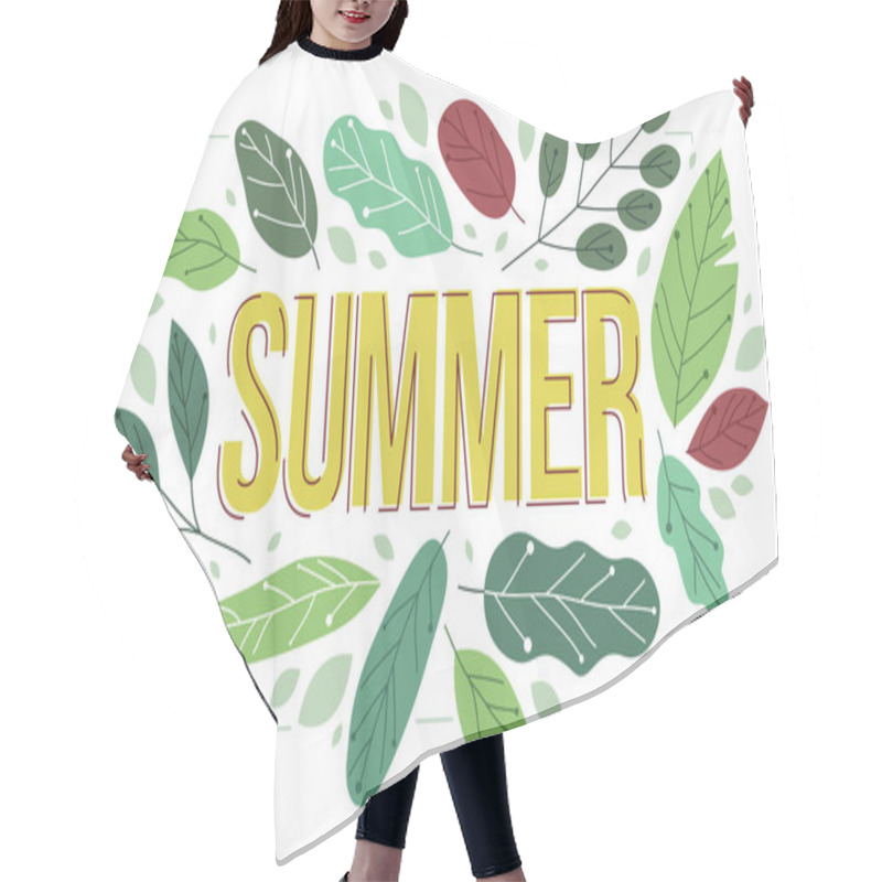 Personality  Big Summer Word Surrounded By Green Fresh Leaves Of European Forests Vector Flat Style Illustration Isolated On White, Holidays And Vacations Theme Concept. Hair Cutting Cape