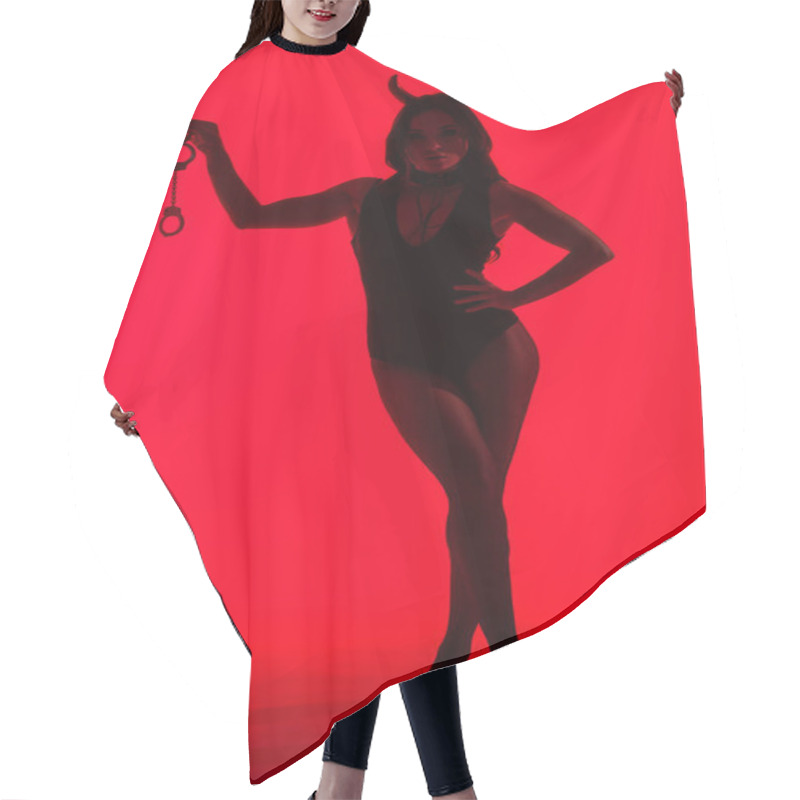 Personality  Silhouette Of Sexy Woman In Devil Costume Holding Handcuffs, Isolated On Red Hair Cutting Cape