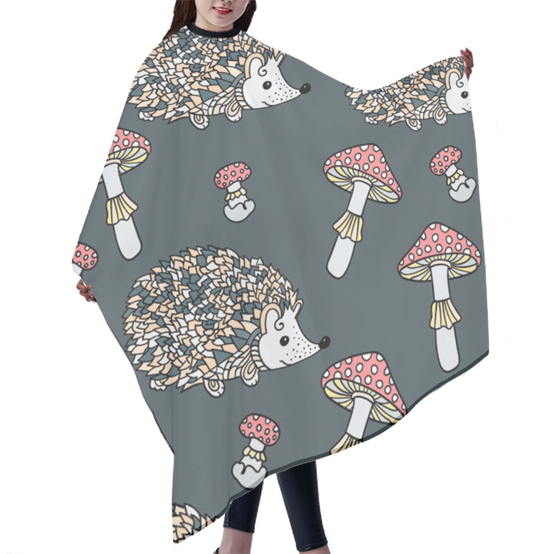 Personality  Seamless Pattern With Hedgehogs And Mushrooms. Hair Cutting Cape