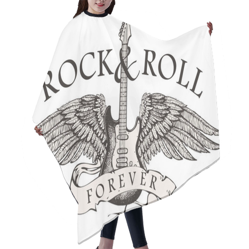 Personality  Vector Image Of A Guitar With Wings And The Inscription Rock And Roll In The Style Of A Graphic Sketch Hair Cutting Cape