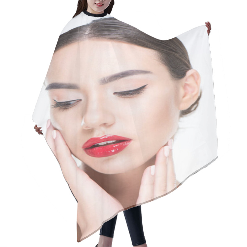 Personality  Woman With Red Lips Touching Face Hair Cutting Cape