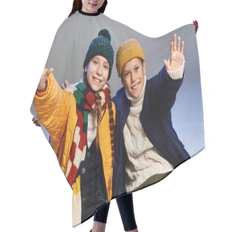 Personality  Two Cheerful Kids In Cozy Winter Clothes Enjoy Their Time Together, Radiating Happiness. Hair Cutting Cape