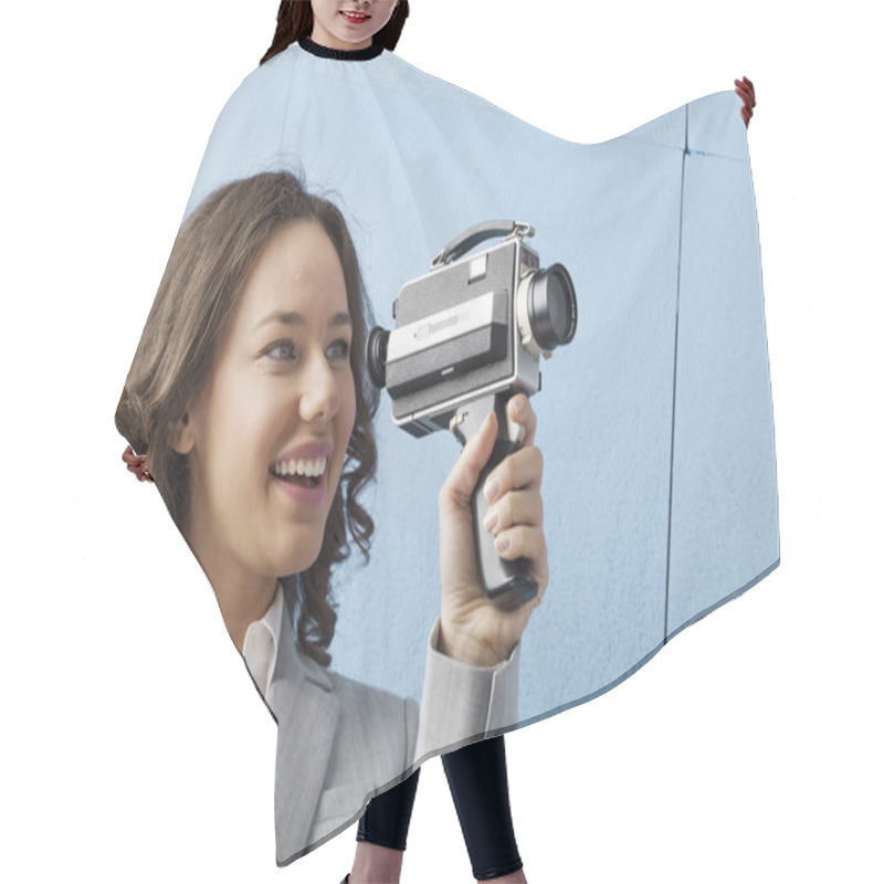 Personality  Woman Is Recording With An Old Camera Hair Cutting Cape