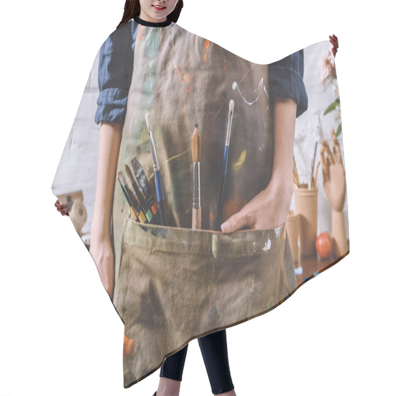 Personality  Cropped Image Of Artist With Brushes And Hand In Apron Pocket Hair Cutting Cape