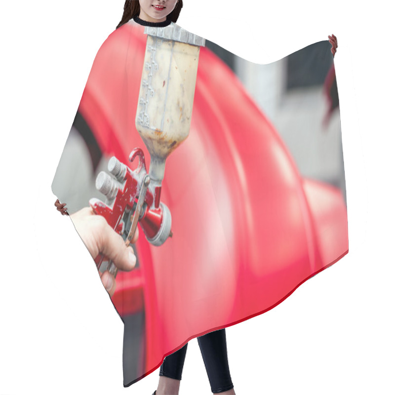 Personality  Close-up Of Spray Gun With Red Paint Painting A Car Hair Cutting Cape