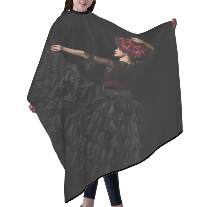 Personality  Young And Beautiful Dancer Holding Fan While Dancing Flamenco Isolated On Black  Hair Cutting Cape