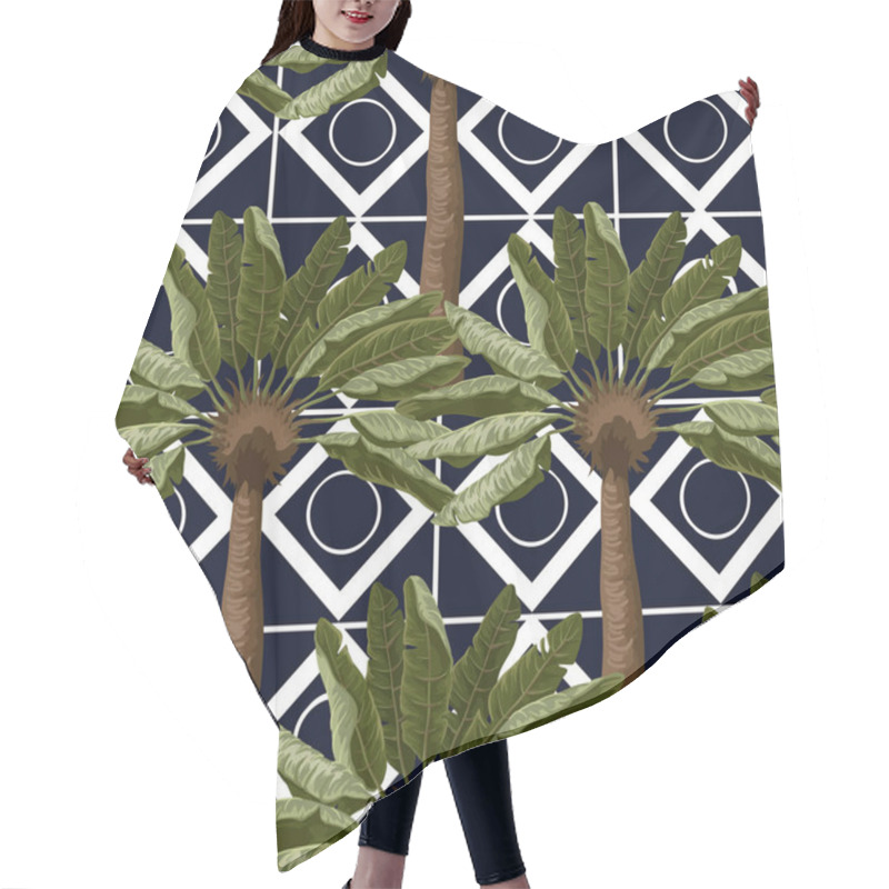 Personality  Seamless Pattern With Banana Trees And Geometrical Elements. Vector. Hair Cutting Cape