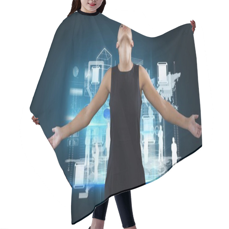 Personality  Businesswoman With Arms Open Hair Cutting Cape