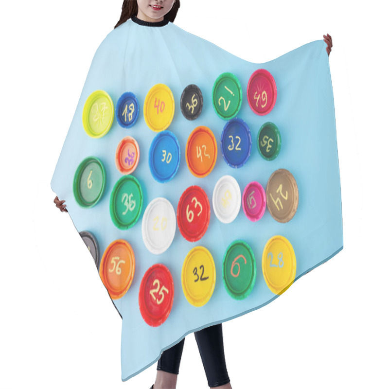 Personality  Colorful Bottle Caps With Multiplication Exercises On Blue Background, Flat Lay Educational Concept, Engaging Math Learning, Classroom Math Activity For Kids, Multiplication Table Practice, Home Math  Hair Cutting Cape