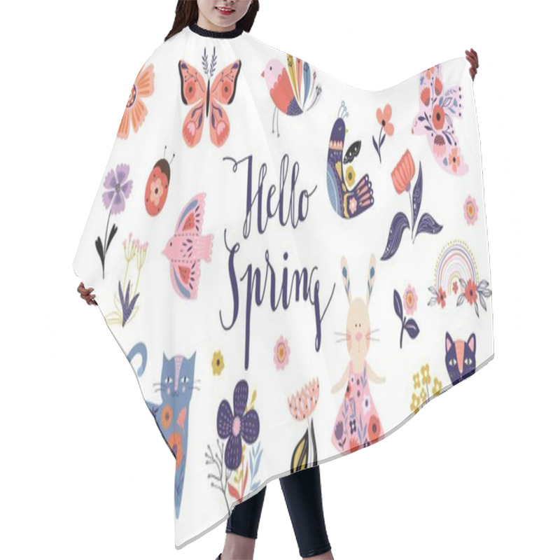 Personality  Hello Spring Collection With Decorative Elements, Folk Style, Seasonal Floral Design Hair Cutting Cape