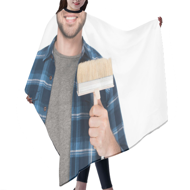 Personality  Cropped Image Of Happy Man Holding Paint Brush Isolated On White Background  Hair Cutting Cape