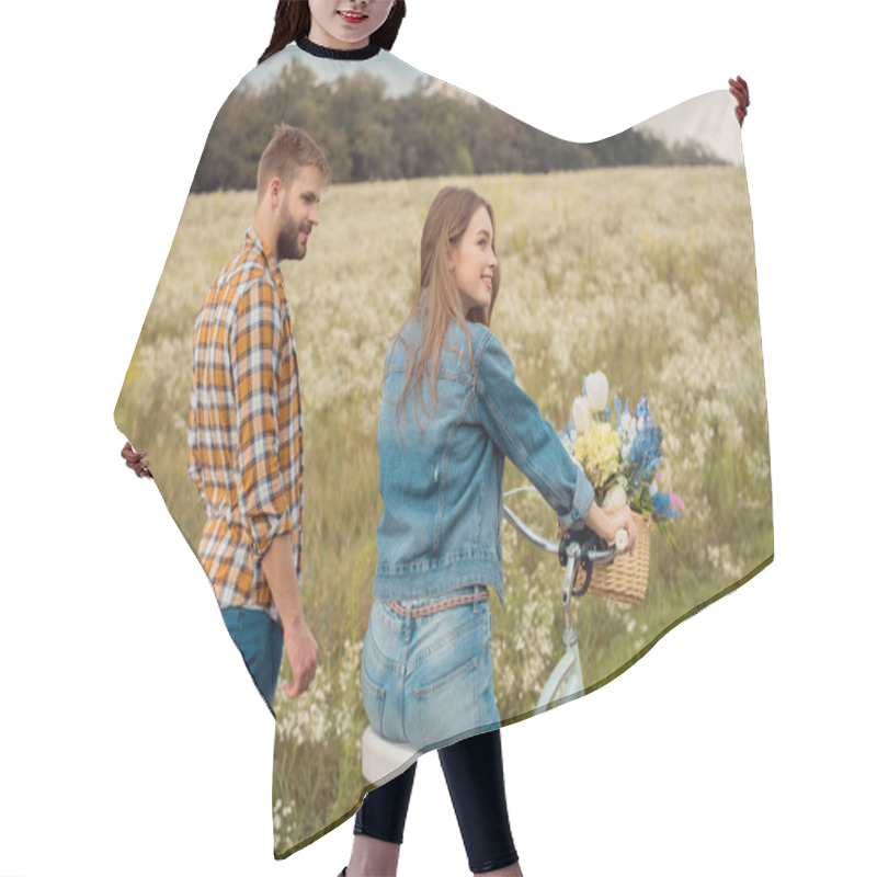 Personality  Side View Of Young Lovers With Retro Bicycle In Field With Wild Flowers Hair Cutting Cape